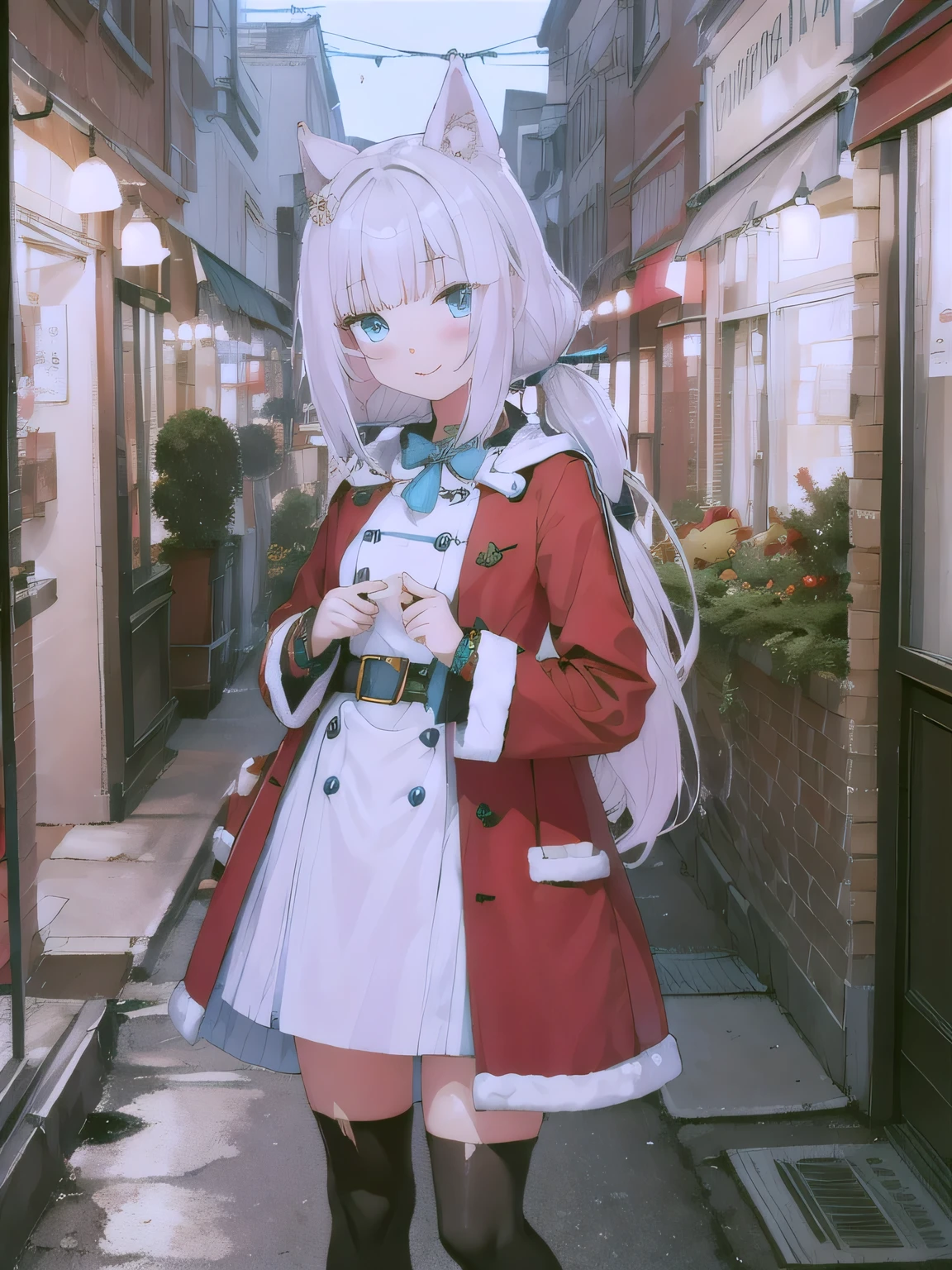 She is dressed in a classic Santa Claus outfit, with a red and white coat, a matching skirt, and black boots, perfectly tailored to her small frame. On her back, she carries a large, white sack filled with presents, the soft fabric of the bag hinting at its generous contents. The The background is a street corner illuminated with Christmas decorations, with the sky transitioning from a warm orange of sunset to the cool blue of night. Snowflakes gently fall, adding to the tranquil winter atmosphere. The girl’s bright and cheerful expression contrasts beautifully with the peaceful surroundings, evoking a sense of warmth and festive joy.  masterpiece,  top quality, cute,  very detailed face, perfect lighting, smile, cat ears, Gray Hair,  blue eyes, torn pupils ,  long hair,  Twin Tails ,  wristbands, neck bell,  puff sleeve.