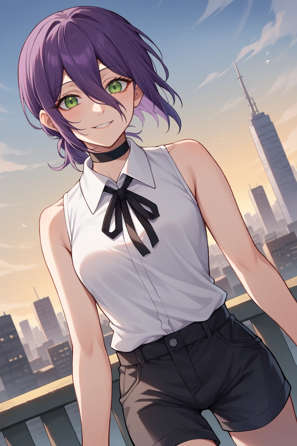 score_9, score_8_up, score_7_up, source_anime,
chainsawreze, reze, black choker, purple hair, choker, eyebrows hidden by hair, green eyes, hair between eyes, long bangs, medium hair, smile,
bare shoulders, black ribbon, black shorts, collar, collared shirt, neck ribbon, ribbon, shirt, shorts, sleeveless, sleeveless shirt, white shirt,
outdoors, cityscape,
looking at viewer, dutch angle, cowboy shot,