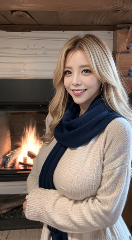 a russian milf, huge fake tits, with a cozy winter look, wrapped in a stylish scarf and warm coat, by a crackling fireplace in a snowy cabin