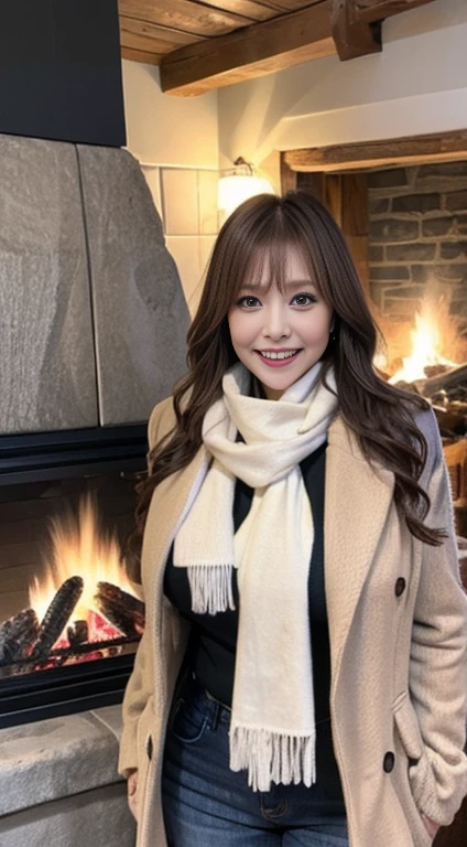 a russian milf, huge fake tits, with a cozy winter look, wrapped in a stylish scarf and warm coat, by a crackling fireplace in a snowy cabin