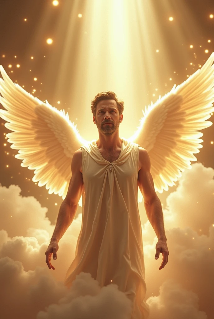 hyper-realistic, tao, who is 2, white race, male characteristics, der schönste tao, medium length brown-blonde hair, short full beard, blue-grey eyes, angel beauty, angel, eyes hunting, Hot body, sexly, passionate, shirtless, Arms outstretched, enveloped by beam of light