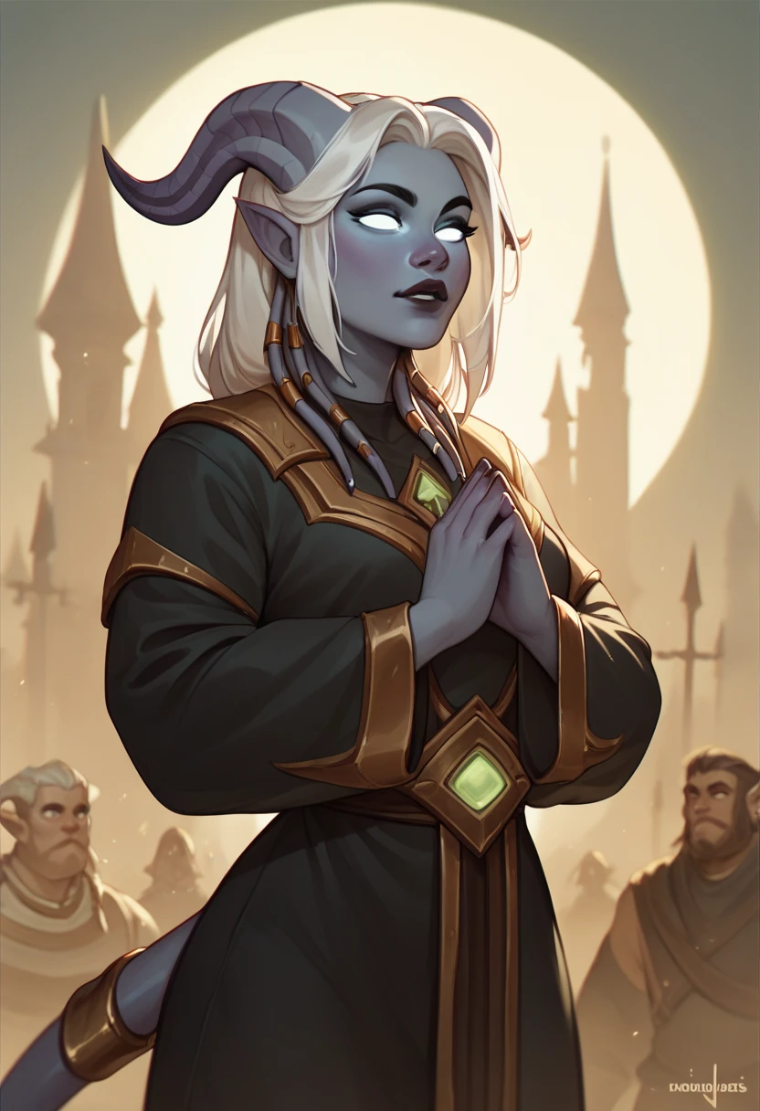 female draenei anchorite from the warcraft universe with dark grey skin, grand black horns, holy white eyes, white hair and dressed in a lightly armoured white, black and gold coloured anchorite robe. standing in a battlefield and praying