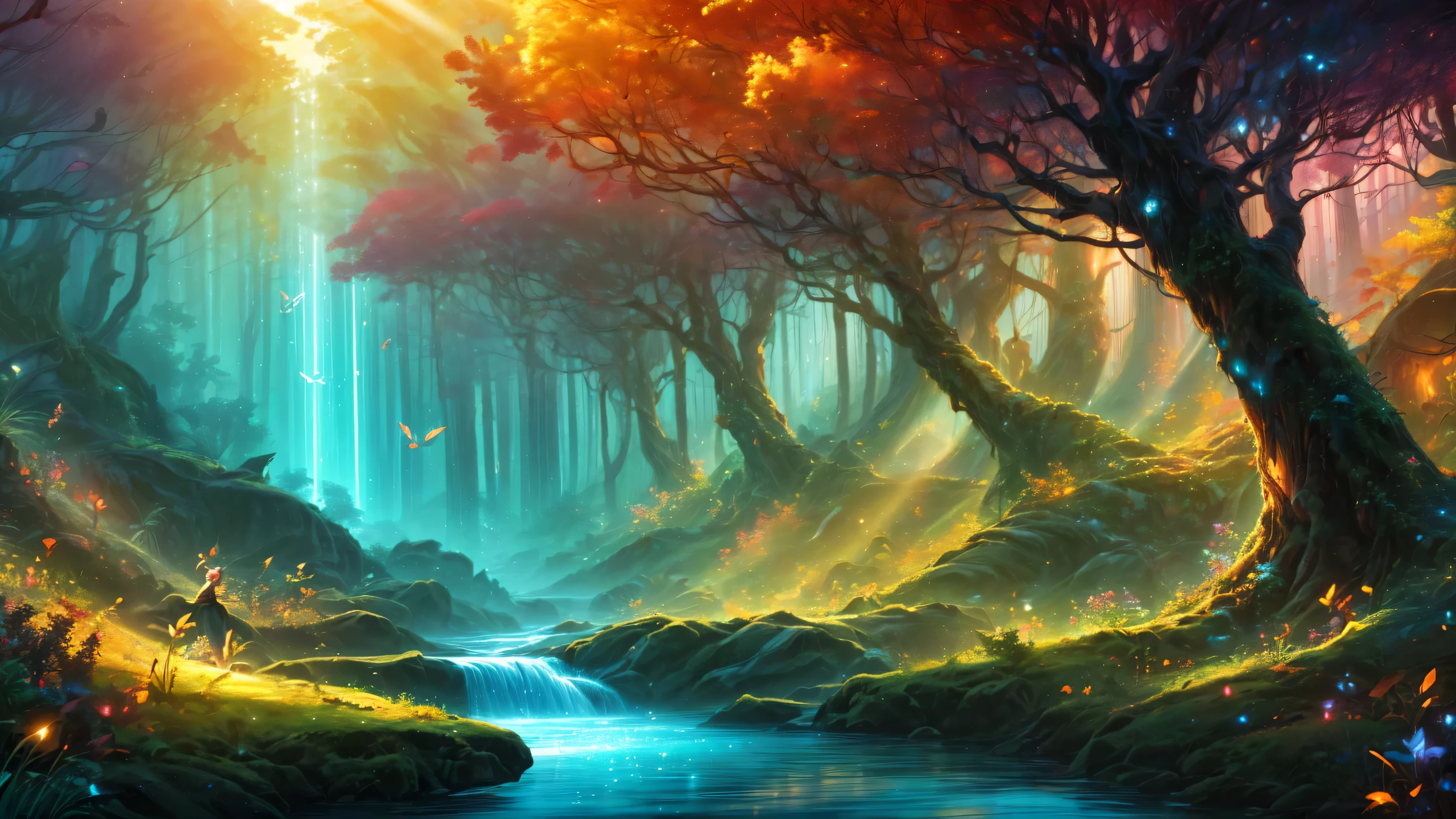(  Moroccan masterpiece  : 1.2), ( muy detallado: 1.2), ( muy detallado CG: 1.2), (  High image quality : 1.2), (最  High image quality ), 8K,  Illustration Animée  ,、 y Mignon 、beautiful、 forest, Robles,  Sun rays