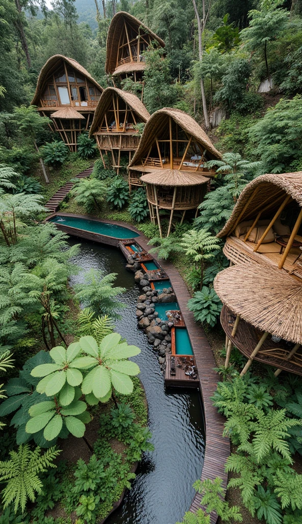 This image depicts a peaceful and lush jungle retreat near a stream in Hoa Binh, Vietnam, featuring several tall thatched-roof bungalows set amidst a lush tropical forest. A series of natural-looking pools and walkways meander through the dense vegetation, creating a tranquil and secluded oasis. The pools are a vibrant turquoise color, blending harmoniously with the surrounding greenery. The architecture of the bungalows incorporates natural materials such as bamboo and thatch, giving the setting an authentic, eco-friendly feel. The overall layout creates a sense of peace, relaxation, and immersion in the natural world.