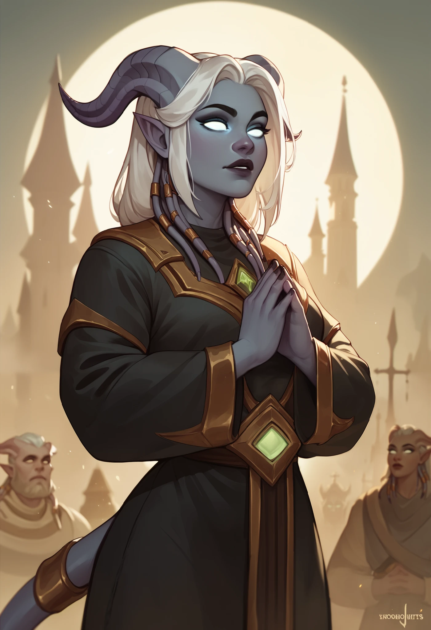 female draenei anchorite from the warcraft universe with dark grey skin, grand black horns, holy white eyes, white hair and dressed in a lightly armoured white, black and gold coloured anchorite robe. standing in a battlefield and praying