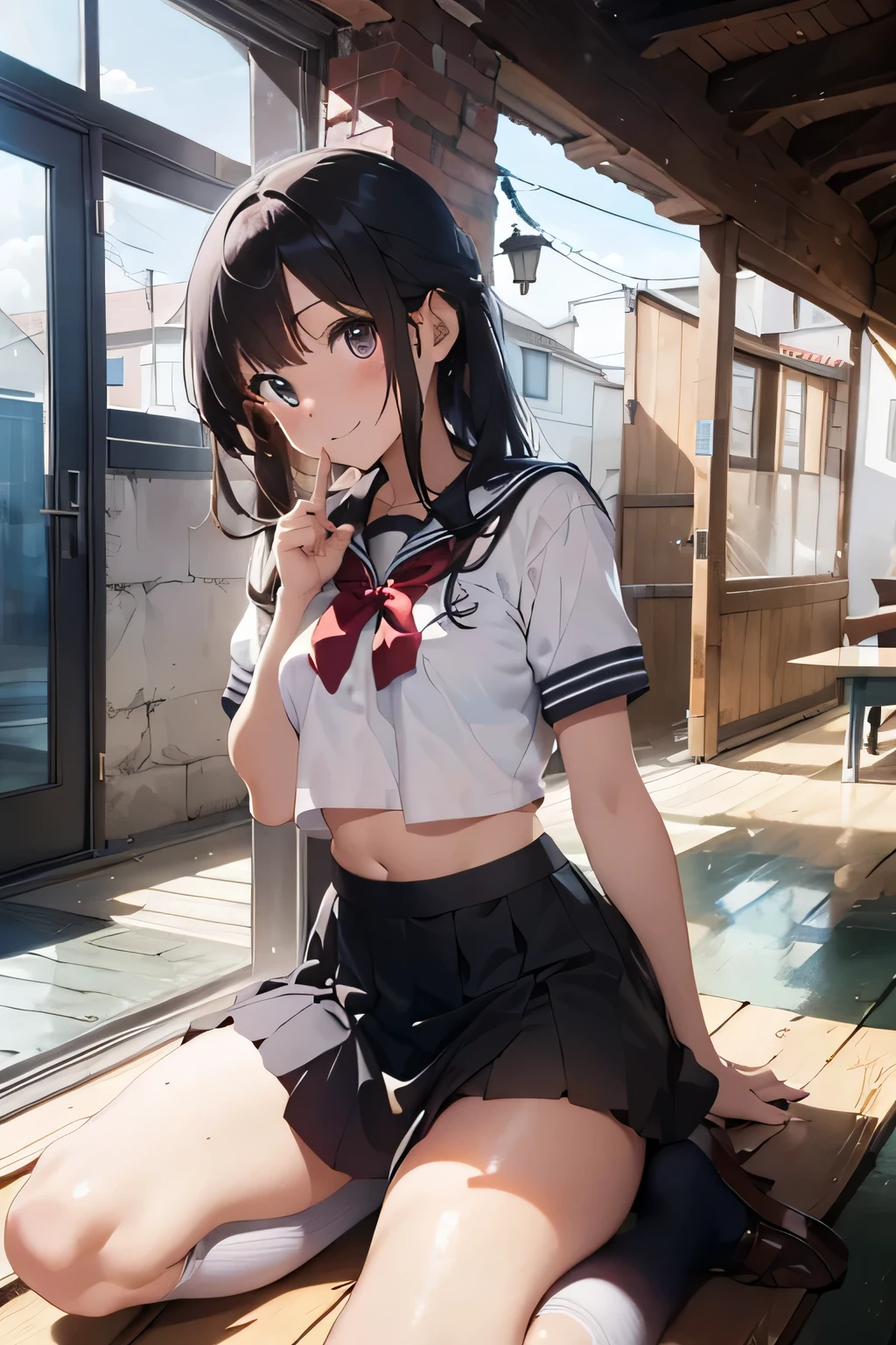 1ung_teirls、loli、bwn_hair、short_ponytail, long_bangs、blue_midriff_baring_sailor_uniform、mini_skirt、short_sleeve、thighthighs、big_tits, sleepy, Sorrisos、open_mouth、dynamic_pose, childlike_posing ,harbor,dock_background、spread_legs、happiness、NSFW、short_gloves, (wet:1.4),transparent,covered_nipples, covered_crotch, under_tits, sweat, bare_thighs, large_ass, covered_anal, back_view,