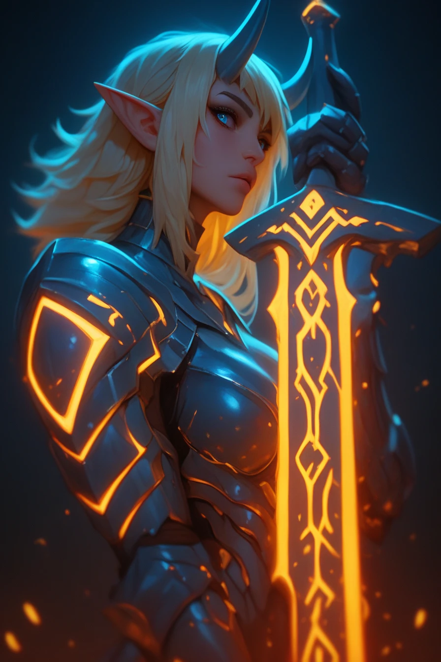 score_9, score_8_up, score_7_up, upscale 2x,(Pov from the side, a beautiful blonde female elf with blue eyes and horns, wearing dark blue armor with orange glowing details, holding a runesword by the handle point the sword down, the sword is blue with orange glowing details, dark in background:1.2)