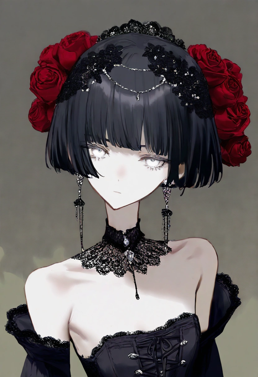 1girl, skinny,flower,light skin,solo female,jewelry,corset,long bangs,looking at viewer,gothic choker,black hair,upper body,red flower,rose flower,hair ornament,earrings,white eyes,off-shoulders, victorian dress,short hair,forest background,lace,hair flower,strapless,plant,simple background,lace trim,
