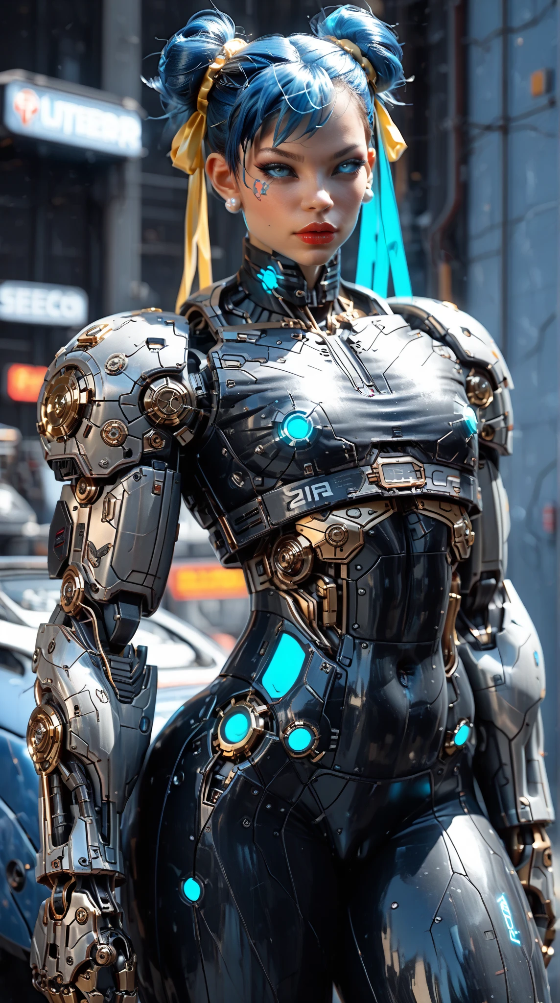 (nsfw:1), (Uncensored:1), score_9, score_8_up, score_7_up, (Three Quarters Shot), (1 girl), (Cyborg Chun-Li), beautiful teenage (skinny) muscular Asian cyborg girl, (bio-mecha:1.25), (huge upper body:1.75), (mechanical Cyborg arms:1.65), (mechanical Cyborg jaw:1.25), ((skinny waist & torso:1.5)),  (blue glowing eyes:1.25), (black sclera:1.25), (beautiful face:1.25), (flat chest:1.25), (blue glowing hair:1.25), metallic, circuits, cables, bimbo lips, 2 hair buns,  high res, standing, hand bands, hand on hip, looking to the side, camel-toe,  gothic neon style, cyber punk style, super realistic image, arm0rpunkv4, CyberRealistic_Negative_PONY