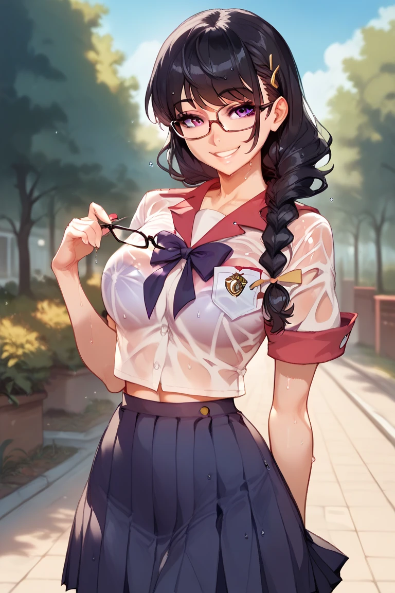 (1 girl), ( black hair:1.1), (Braid:1.1), (glasses), (purple eyes), (smile), (), (Intricate details of Iris ), (stomach), (exterior), ( looking at the viewer ), ( visible through clothing ), (wet clothes), (rode well), ( school uniform )