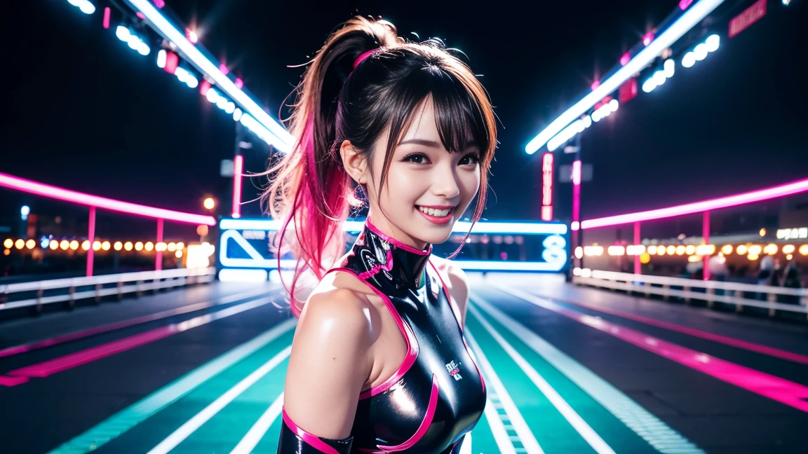 best quality, masterpiece, ultra high res, very beautiful, vibrant colors, lively woman, sexy, energetic pose, standing, cowboy shot, Japanese, slender waist, joyful expression, metallic reflective outfit, bright neon pink and blue accents, high ponytail hairstyle, laughing, nightlife city background, blurred neon lights, cinematic lighting, glossy texture, dynamic pose, 35mm lens, f/1.8, accent lighting, 8k