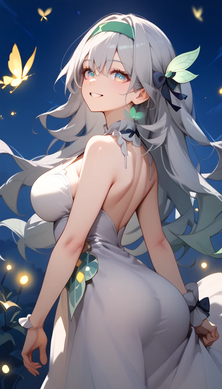 Firefly,   Big Breasts 　 long hair on background　silver hair　 Green Gradation　 headband　 hair ornament　Night Sky　Smile　 white dress