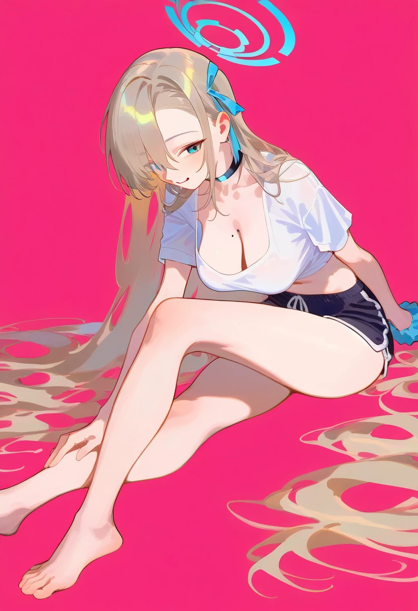 great quality, up to date,  absurd,  realistic lighting ,   1 girl , Alone, Asuna \(blue archive\),  white shirt,   Dolphin Shorts , Stomach ,  down blouse,  legs, barefoot,   strong from the back of his ship  ,  watching viewers against a tropical island in the background,  pink background,  