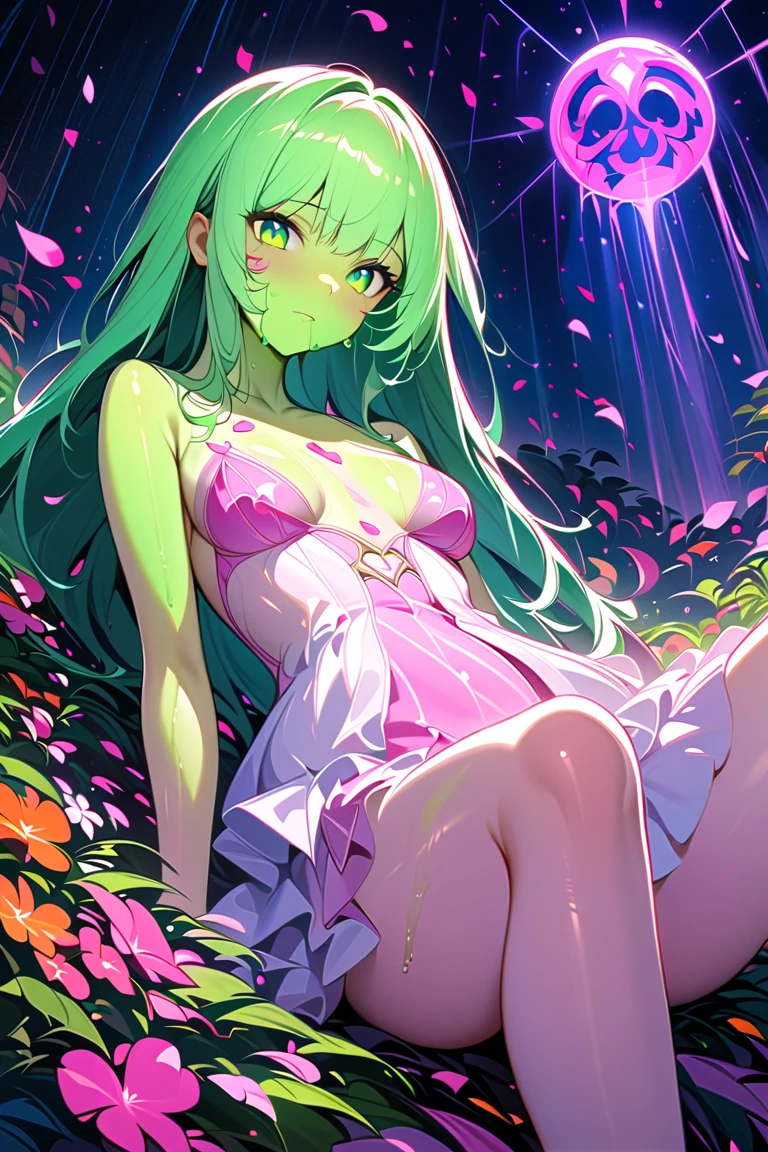 transformation scene, closed eyes, embarrassed, orgasm, kokonoe shinobu, 1girl, solo, green hair, long hair, huge breasts, looking at viewer, bangs, huge breasts, ribbon, navel, cleavage, very long hair, closed mouth, brown eyes, collarbone, halo, arms behind back, purple glowing ribbon, ((((naked glowing ribbon wrapping torso)))),