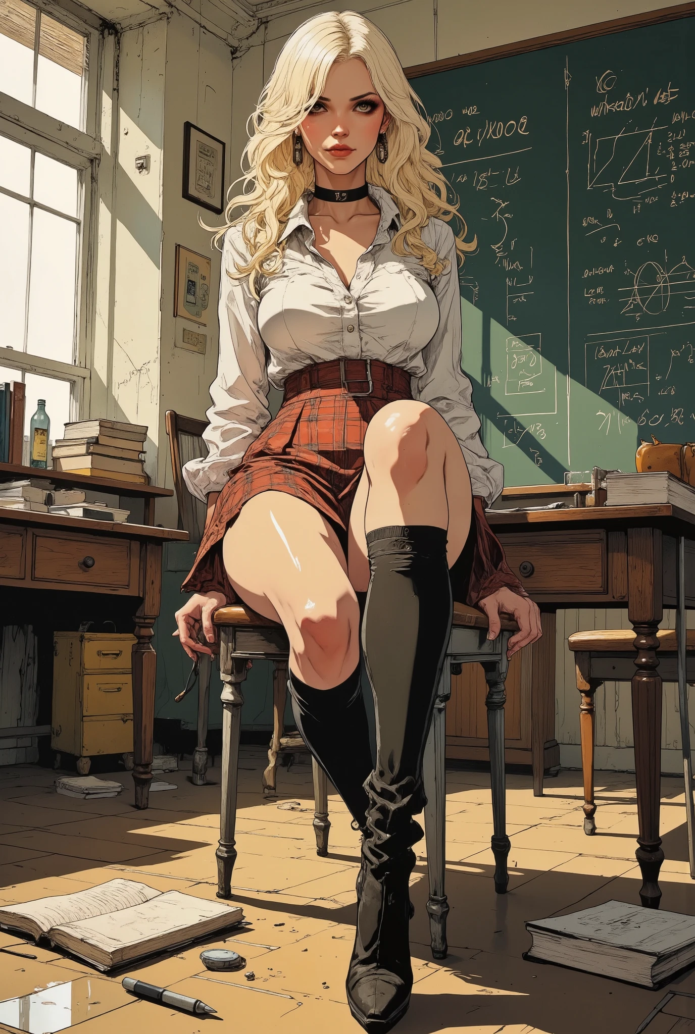 illustration, adult content, nsfw, illustration of a stunningly beautiful A blonde woman poses in a retro-style classroom, dressed in sexy schoolgirl outfits. She wears a short pleated plaid skirt, a fitted white shirt with a few buttons open, and knee high socks. She is sitting on a desk, legs crossed, with a mischievous expression. A blackboard full of drawings and equations sits in the background, along with a few scattered books and notebooks. Soft light entering through a window creates a warm, vintage ambiance, highlighting the elegance and sensuality of the scene, (big boobies:1.2), looking at the viewer with a sultry look, seductive smile, sexually suggestive