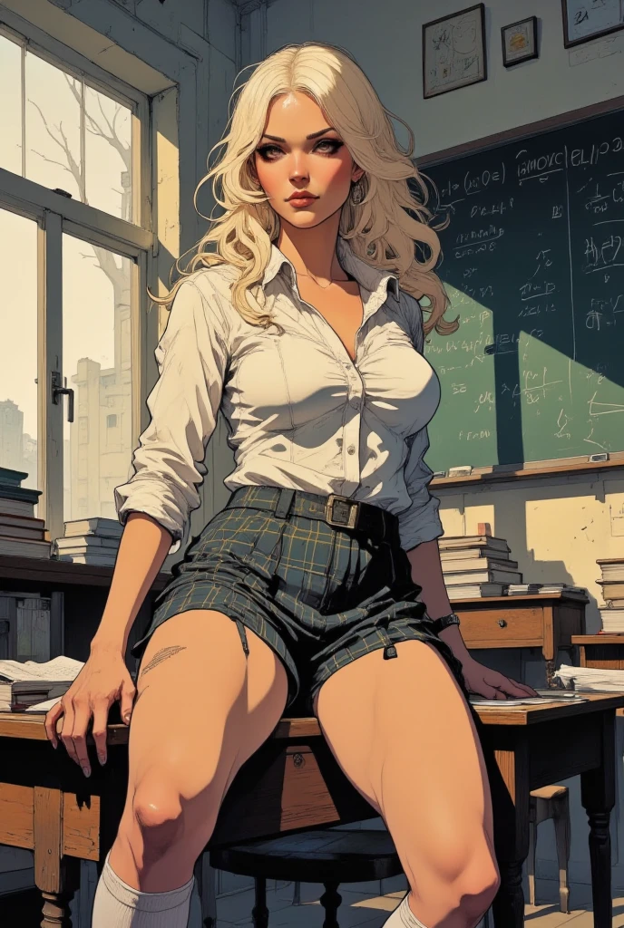 illustration, adult content, nsfw, illustration of a stunningly beautiful A blonde woman poses in a retro-style classroom, dressed in sexy schoolgirl outfits. She wears a short pleated plaid skirt, a fitted white shirt with a few buttons open, and knee high socks. She is sitting on a desk, legs crossed, with a mischievous expression. A blackboard full of drawings and equations sits in the background, along with a few scattered books and notebooks. Soft light entering through a window creates a warm, vintage ambiance, highlighting the elegance and sensuality of the scene, (big boobies:1.2), looking at the viewer with a sultry look, seductive smile, sexually suggestive