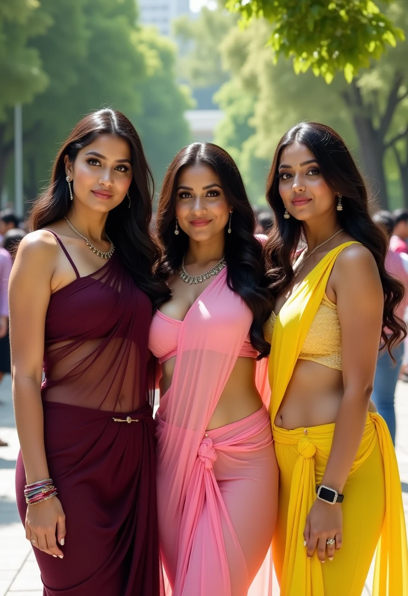 3 college girls, posing for farewell, left one wearing dark wine colour transparent saree,she wears navel chain in her waists, she is curvy, she is showing her navel in saree, she is wearing waist chain, earrings, noserings. She has silky hair, nice appearance. Centre girl is in pink transparent saree, she is tall, fit, curvy hips. She has navel visible in saree, she is makeup, she is wearing black leather watch, she is touching her hair. Right one is in yellow transparent saree and wearing sleeveless blouse, she is facing camera, she has deep navel ,uncovered by saree and wearing navel chain around her waist, she has silky hair, curvy body, nice look, excellent makeup. Its a bright sunny day. They are standing infront of garden in their college. There are lots of girls standing there. 8k image, 70mm photo, intricate details. 