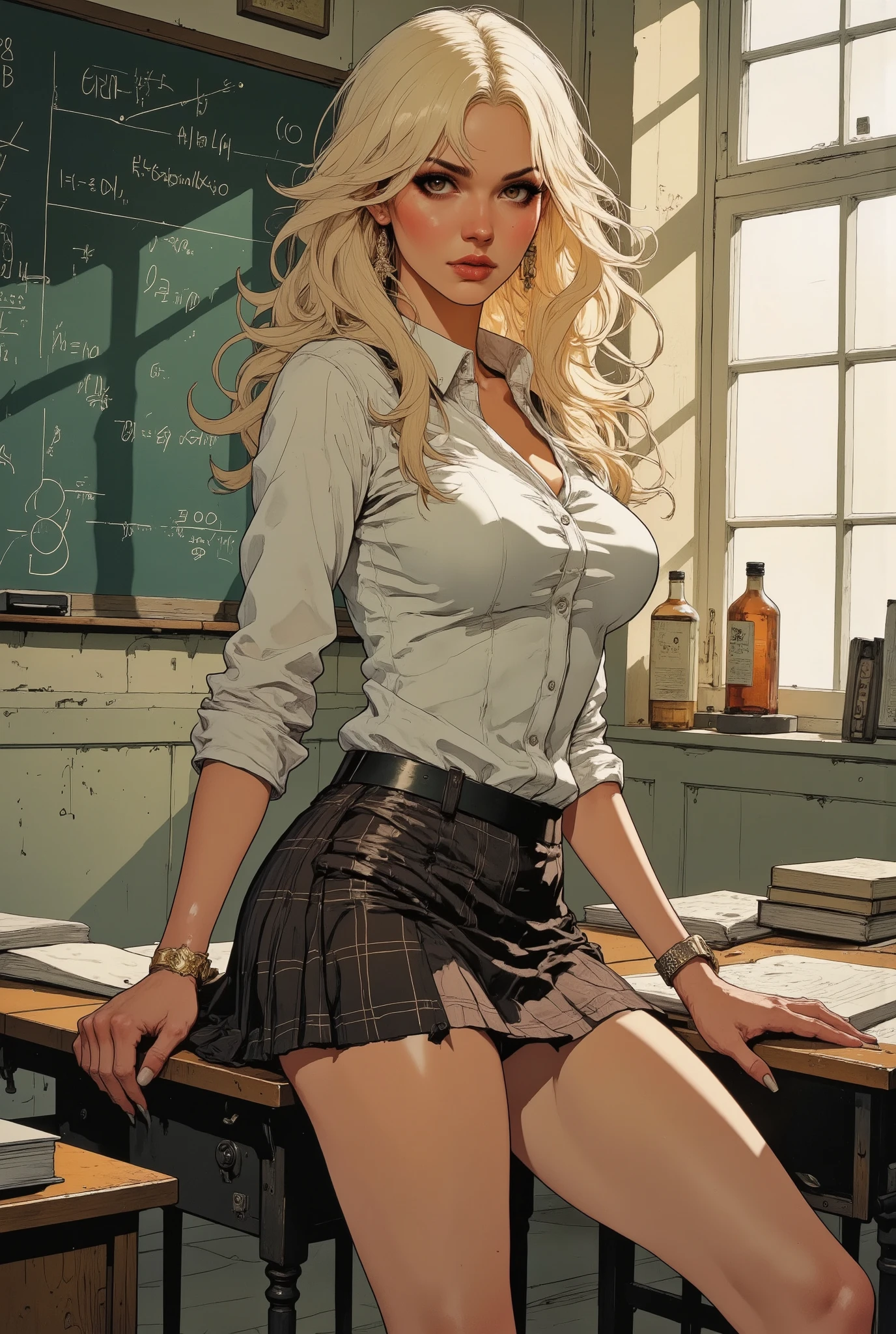 illustration, adult content, nsfw, illustration of a stunningly beautiful A blonde woman poses in a retro-style classroom, dressed in sexy schoolgirl outfits. She wears a short pleated plaid skirt, a fitted white shirt with a few buttons open, and knee high socks. She is sitting on a desk, legs crossed, with a mischievous expression. A blackboard full of drawings and equations sits in the background, along with a few scattered books and notebooks. Soft light entering through a window creates a warm, vintage ambiance, highlighting the elegance and sensuality of the scene, (big boobies:1.2), looking at the viewer with a sultry look, seductive smile, sexually suggestive