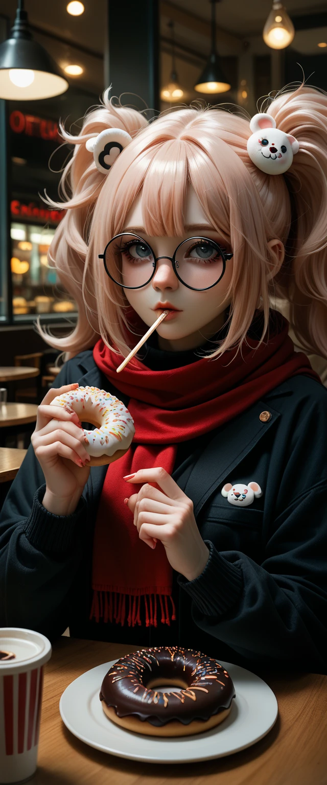 there is a woman that is eating a doughnut in a restaurant, wearing small round glasses, wearing thin large round glasses, cute and adorable white fluffy beanie, red scarf, girl wearing round glasses, thick round spectacles, with square glasses, ulzzang, wearing round glasses, lofi girl aesthetic, with glasses, with black eyeglasses, thick - rimmed glasses, junko enoshima, lofi girl