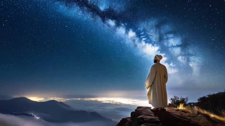 A man dressed in a traditional white Arab outfit, including a meticulously wrapped white turban and a flowing robe, standing on a high hill above the clouds under a stunning starry night sky. He holds an ornate, golden-embossed open book, its pages faintly glowing as though illuminated by moonlight. The silvery light of a crescent moon bathes the scene, casting soft, natural highlights on his attire and the surrounding hilltop. Below him, an endless sea of clouds stretches out, dark and mysterious, with distant mountain peaks barely visible through the mist. The man’s robe and the tassels of his turban flutter gently in the cool night breeze, adding a sense of dynamic realism. The stars above are bright and vivid, with the Milky Way arching across the sky, creating a celestial backdrop. The entire atmosphere exudes serenity, wisdom, and awe, with ultra-realistic details, rich textures, and natural lighting that enhance the mood and immerse the viewer in the moment.