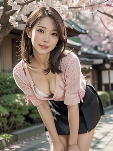 ((No clothes))、Completely naked、A girl walking under the cherry blossoms in an old Japanese street,Thick pubic hair,Small nipples、school bag,,Young Face、bangs,A small smile,Thighs,knees,Low ponytail with barrette,From below,Front light