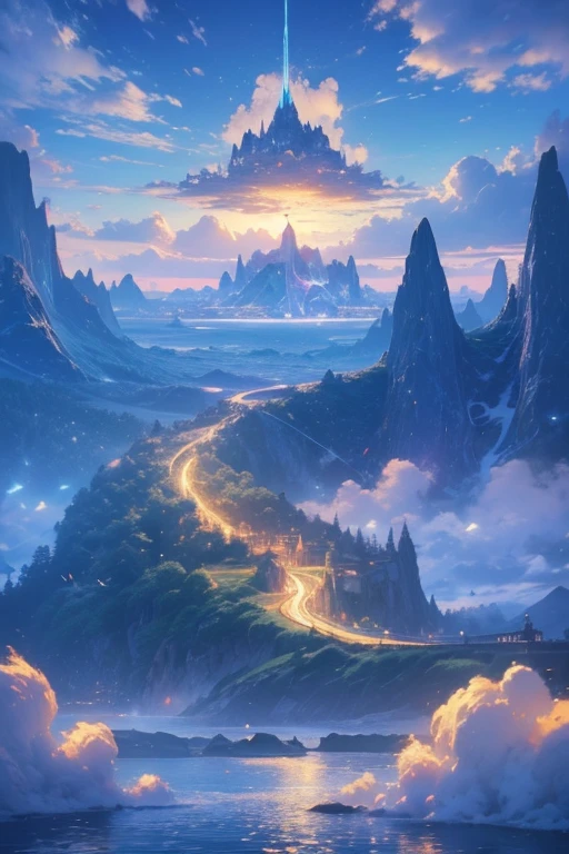 (  magical cute null blue stream overlay scene), ( Floating island ), (cloud),    soft writing similar to Gremory , Clean Background, beautiful null landscape  , masterpiece,    High Quality  ,    beautiful graphics ,    high detail,by Thomas Kinkade,    Art Station   ,   sharp concentration  ,  Inspiring 8K Wallpapers ,  