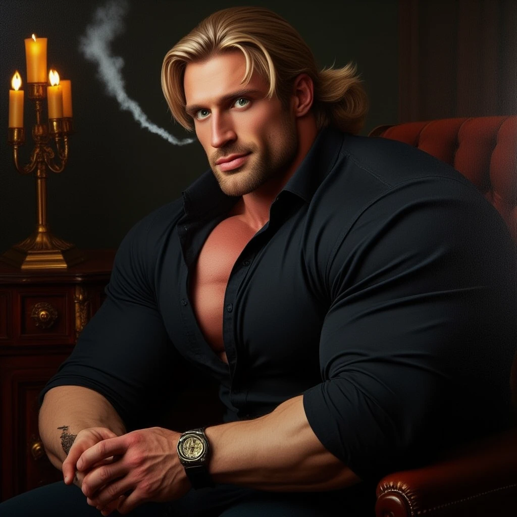 Beautiful 30-year-old Russian man  , holding a cigarette Smoking like a gangster , realism, photorealistic , Realistic oil painting style Very handsome man with strong European features Russians Blonde with long hair styled in a low ponytail for 30 years old white skin green eyes hazelnuts beautiful deep eyes that highlight perfect and vatonilous look of superiority and mystery he has a wide back and muscular stocky big black shirt with buttons up to the elbows and big bright light.  In a luxurious dark room that looks like black decorations ..,