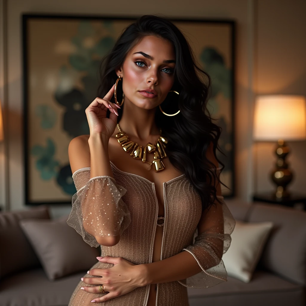 ((Beautiful girls:1.3)) ((abstract printed mini dresses_long sleeve_wrap dress_Long sleeve_With collar:1.4)) ((In the hotel lobby:1.3)) ((thin_fabric:1.4)) ((Waiting for someone_Standing and crossing your legs:1.3)) ((her face is flushed、hair is loosely curled.:1.2,right:1.4)) ((Large Breasts:1.2)) ((close:1.2)) Highest quality,Tabletop,Ultra-high resolution,(Realistic:1.4),RAW Photos,(Real skin texture:1.3),(Film Grain:1.3),Panorama,Character Portrait,Very wide shot,Tight waist,Cowboy Shot,(In the Dark, Deep Shadow, Low Key, Cold Light,) night,((Loosely wavy hair:1.2)),Tears flow,,Dust,Tyndall effect,(Performance),One Girl,Beautiful and detailed eyes and face,White Jabot,Brown eyes,((brown super long hair:1.2)) ((Big smile:1.3))