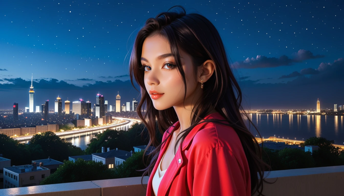 Indian woman with long hair looking at night view, cityscape, listening to music on the radio, anime style