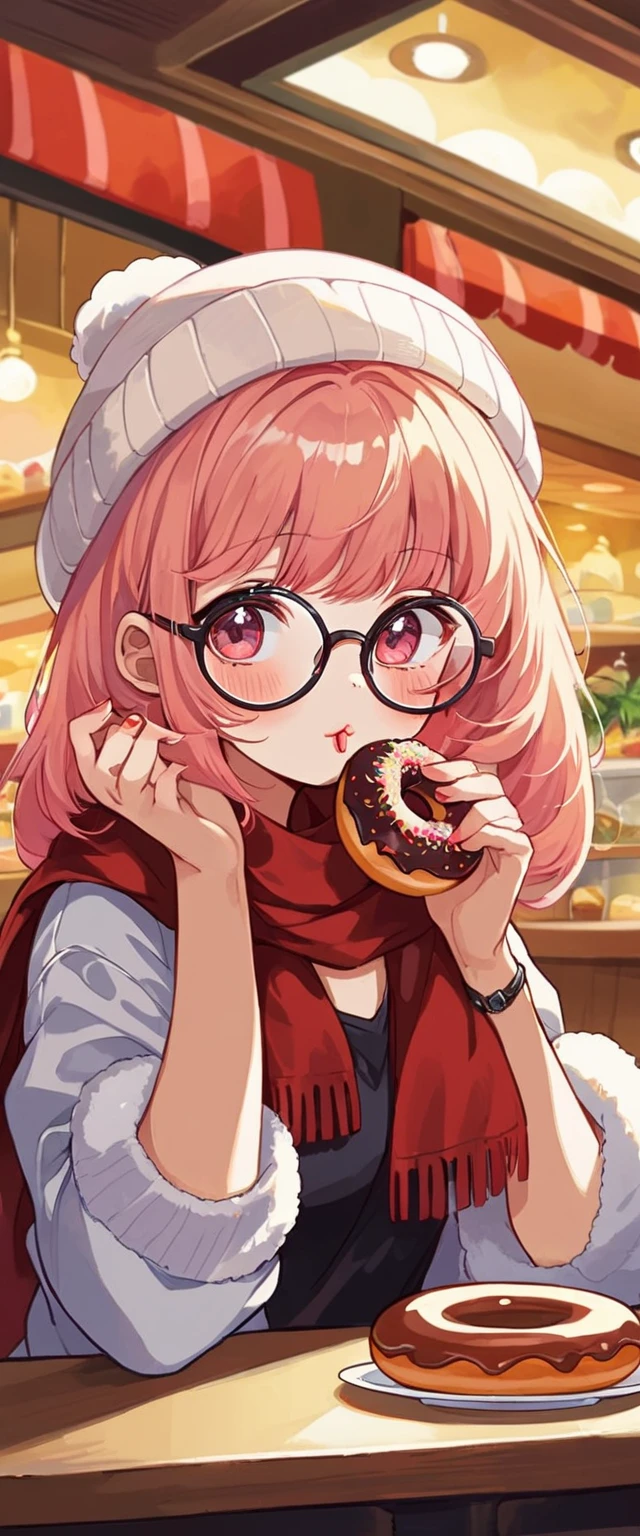 there is a woman that is eating a doughnut in a restaurant, wearing small round glasses, wearing thin large round glasses, cute and adorable white fluffy beanie, red scarf, girl wearing round glasses, thick round spectacles, with square glasses, ulzzang, wearing round glasses, lofi girl aesthetic, with glasses, with black eyeglasses, thick - rimmed glasses, junko enoshima, lofi girl