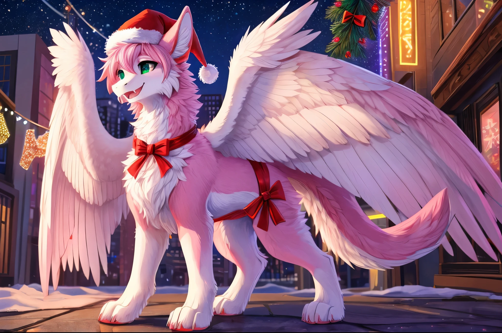 high res, feral, quadruped, quadrupedal, all fours, furred dragon, female, cute, adult, white and pink fur, huge feathery wings, large feathered wings, pink ears with white inner ears fluff, curved waist, detailed face, detailed eyes, long pink dragon fluffy tail, chest fluff, paws, fangs, happy, soft emerald color eyes, face turning away, anime style, staring off into space, in city, new years decorations, night, festive lights, standing, wearing christmas hat, festive lights around body, white chest fluff, pink hair, pink fluffy tail, red ribbon around neck, red ribbon around waist, full body, spreading hind legs while standing