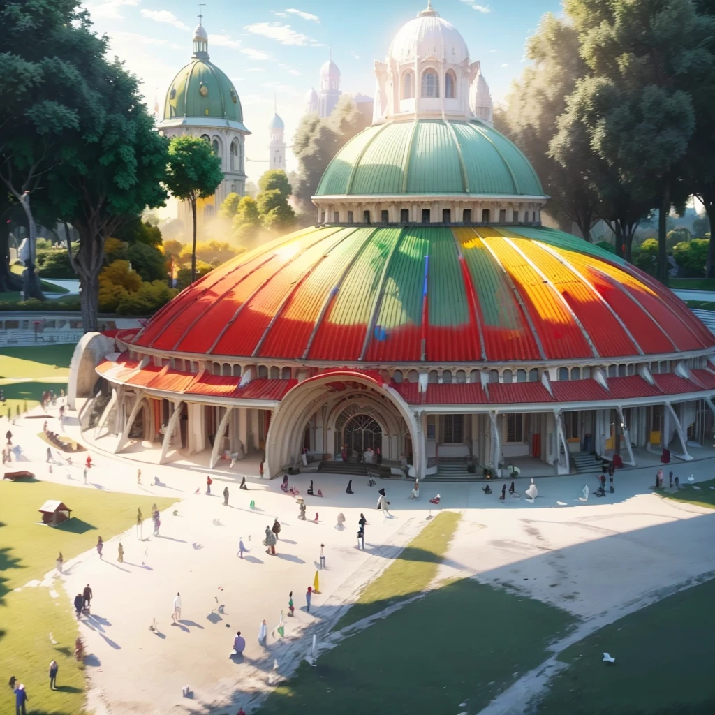 Amazing Building by zaha hadid, with huge dome, by syd mead, there is  park on the ground ,trees.  people walking, lawn, clear blue sky, realistic, walkways, people,  neat, photorealistic , it is church,  cross on top, flag (green, red, yellow). There are people in white dresses. 