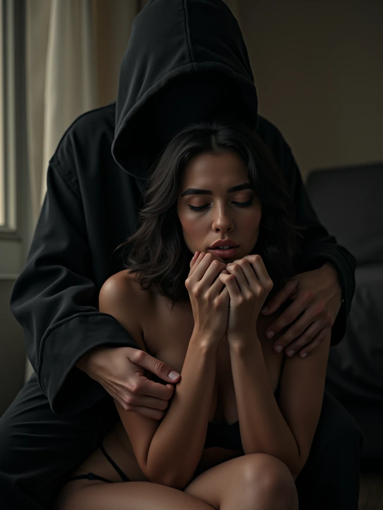 dramatic scene where a son found out that his mother has a naked picture in her phone, son blackmailing mother to undress, mother embarrassed, the mother is a beautiful indonesian woman, with features similar to Nora danish (40 yo beautiful celebrity, woman with slim body and medium saging breast mid short hair), 15 yo teenage nerd boy, the mother kneeling in front of his son, begging her son to forgive her. mother is wear hijab, she wear black victoria secret sexy lingerie and has an ashamed expression on her face. The son naked and show his cellphone to his mother, the mother pleads with tears in his eyes,the scene is captured in the living room at afternoon, intense emotions, cinematic, gritty realistic style, chiaroscuro lighting, intense facial expressions, vulnerable poses, sensitive content, powerful storytelling
