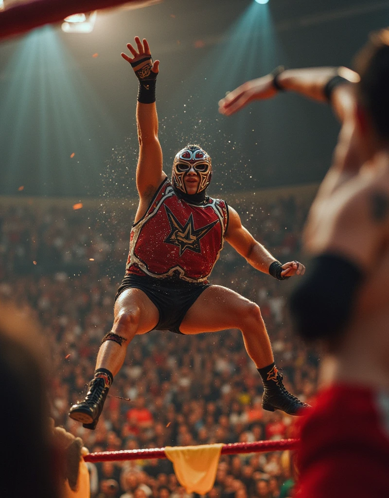 A photo of the wrestler executing a flawless Moonsault from the top rope, soaring through the air with grace and power.,WWE,John Cena