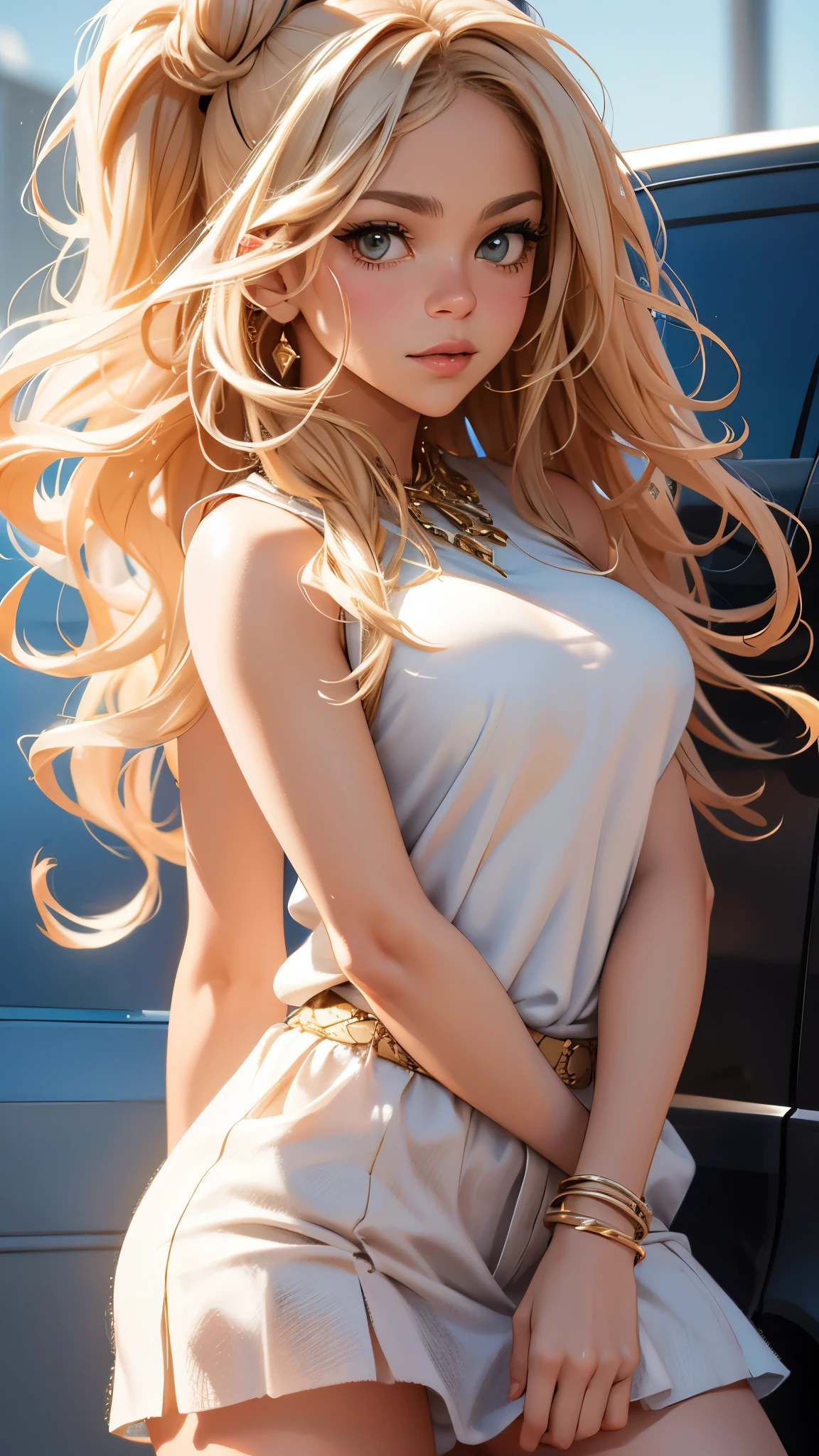 Sexy Big 、18歳のbeautifulセクシーでキュートなルックスとかわいい, beautiful and sexy face、A strong wind blows my hair in front of my face、length, Straight blonde hair in metallic pink、beautiful, Cute and sexy eyes hidden behind long bangs。