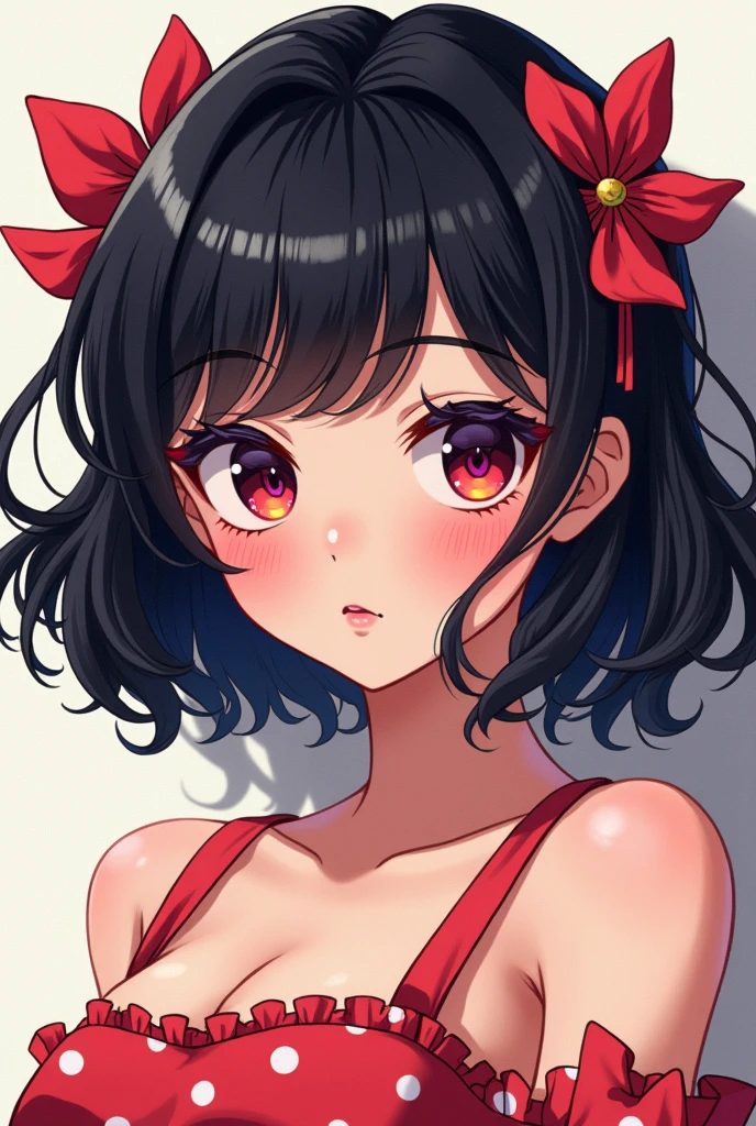 Short black haired anime girl wearing red glasses without clothes