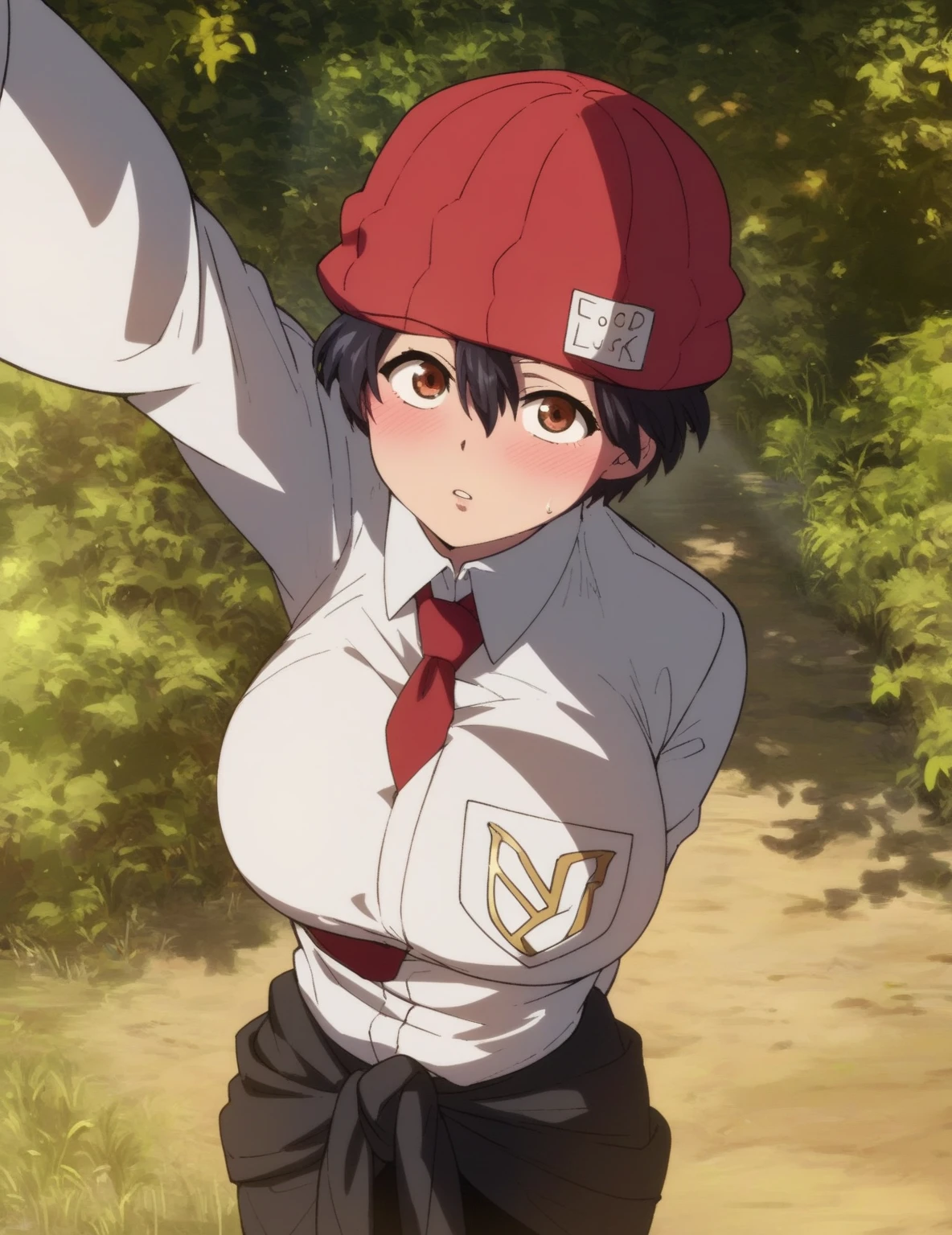 score_4, score_5, score_6, score_9, score_8_up, score_7_up,  source_anime, anime,  fuukoxl, black hair,short hair, brown eyes,large breasts, red gloves, red necktie, red headwear, red beanie, collared shirt, long sleeves, black pants, white shirt, clothes around waist, standing, pov, selfie, nature, grass, sunset, light rays, blush, 