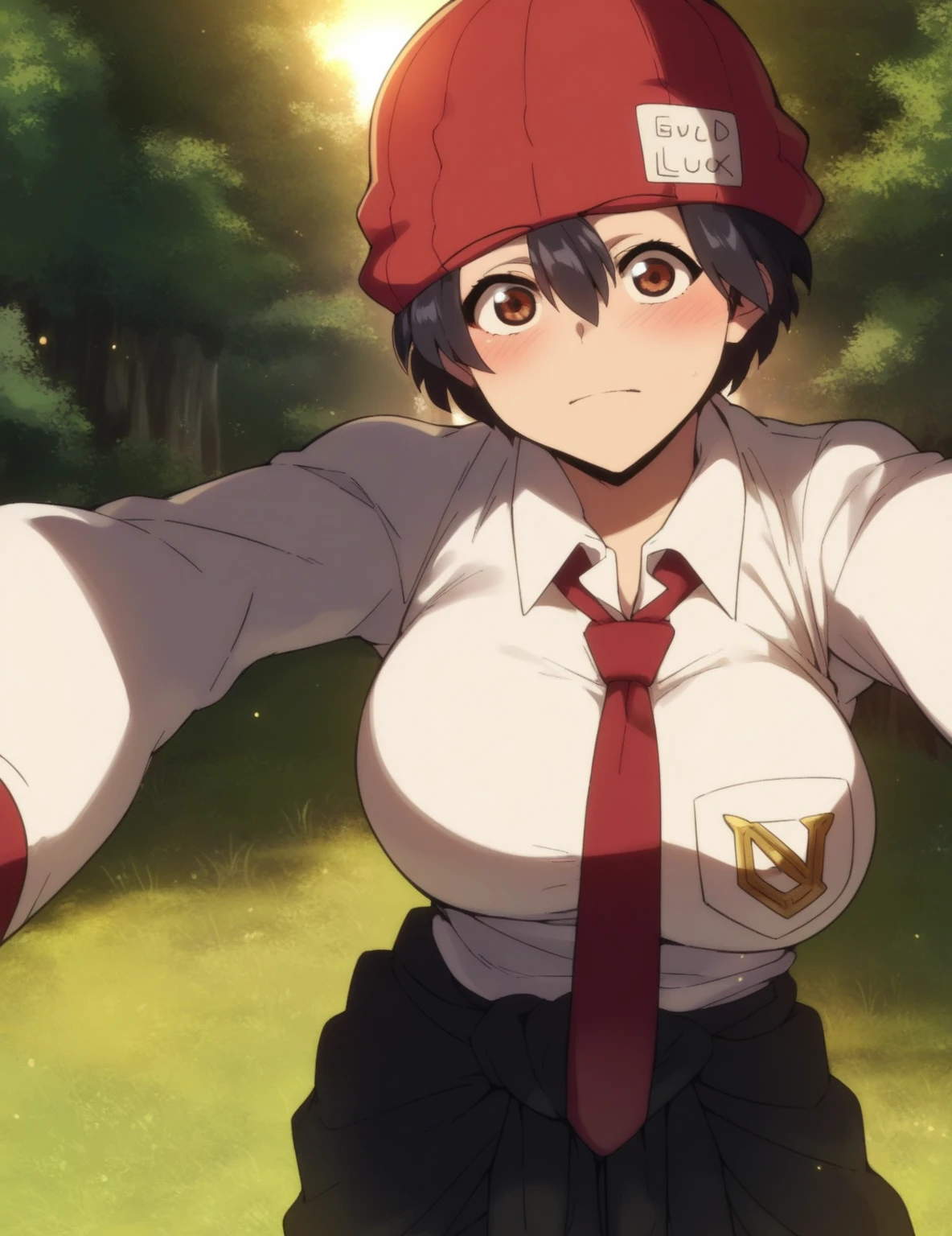 score_4, score_5, score_6, score_9, score_8_up, score_7_up,  source_anime, anime,  fuukoxl, black hair,short hair, brown eyes,large breasts, red gloves, red necktie, red headwear, red beanie, collared shirt, long sleeves, black pants, white shirt, clothes around waist, standing, pov, selfie, nature, grass, sunset, light rays, blush, 