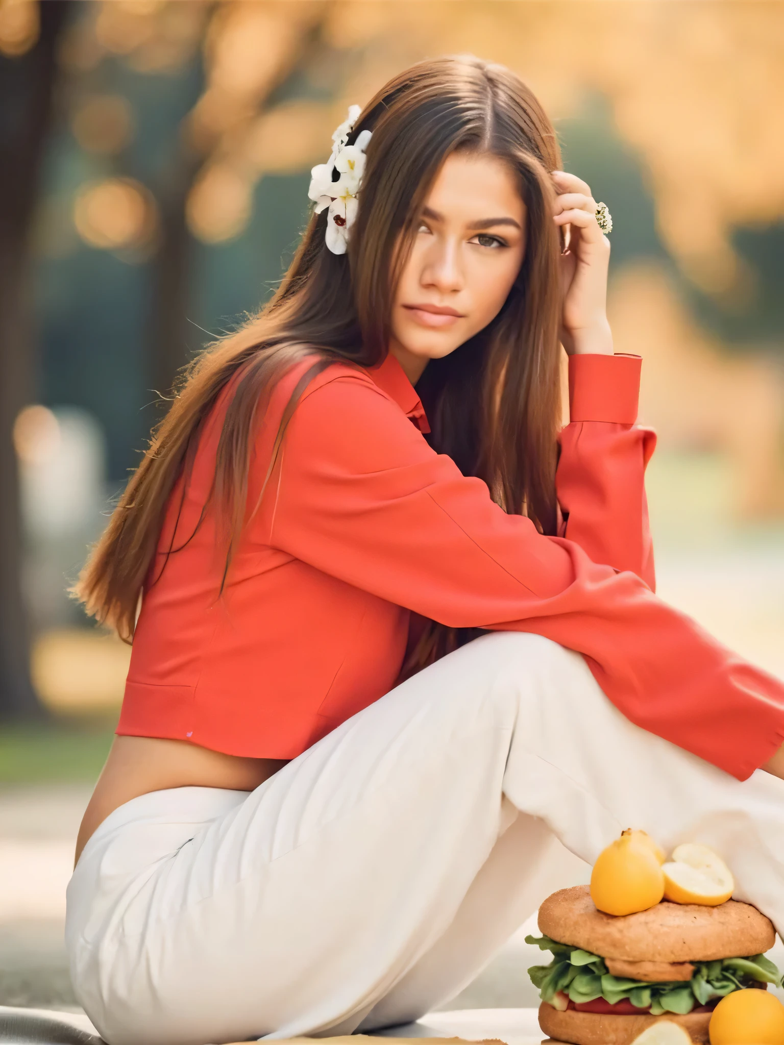 High res waist up portrait photo of a woman directly facing the camera . She is not looking at the camera with a slight seductive look. 