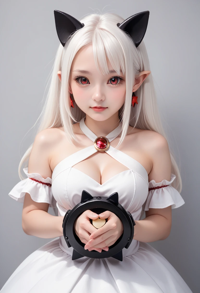 ,  1 girl ,  18 years old , Nymphet, cute face, Adorable, cuteness overload, 
break,
zzPram ,  1 girl , Alone, Long white hair, horn,  holding a star ,  red eyes,  black sclera , gem,  dress,  bubble skirt ,  earrings, Lock, Bat Wings, albino, bondage, criss-cross halter,
break, 
 Big Breasts , Nymphet girl, nice, cute, , Curvy,  small,  beautiful face, shy, Perfect breasts, medium breasts,  Detailsな顔,  Details,   Naturalism ,  seductive ,  Hyper Detailed ,  HYPERREALISTIC , HKStyle