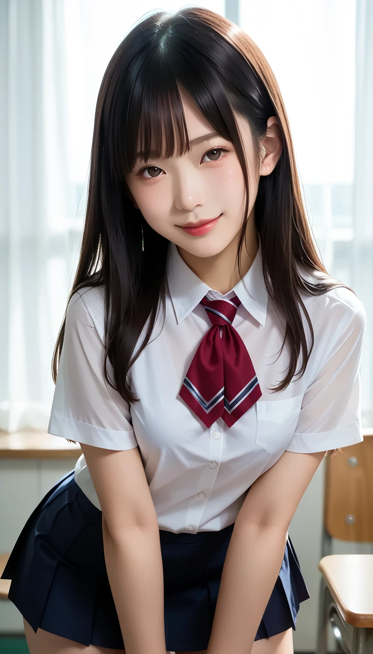 スコア_9, スコア_8_アップ, スコア_7_アップ, sアップer detailed, BREAK A breathtakingly beautiful Japanese woman with long, silky black hair, wearing a modern school uniform with a fitted blazer, short skirt, She has a radiant smile, stunning facial and eye details, and a confident yet graceful demeanor. She is posing in a classroom setting, leaning forward slightly with her hands placed behind her back, emphasizing her elegant posture. Her figure is curvaceous with a focus on her proportions, and the scene captures her in a dynamic position as she squats or does the splits. The atmosphere includes soft steam or light haze for added depth and realism. Ultra-high-definition, 32K resolution, masterpiece-level detail, Hausmo style.