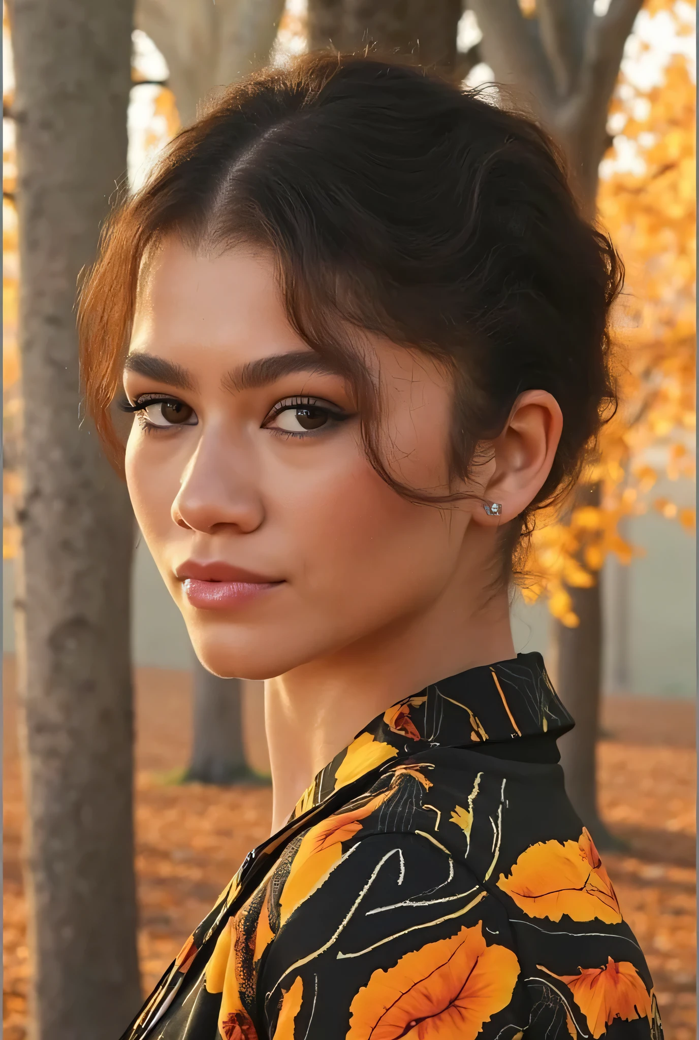 High res waist up portrait photo of a woman directly facing the camera . She is not looking at the camera with a slight seductive look. 