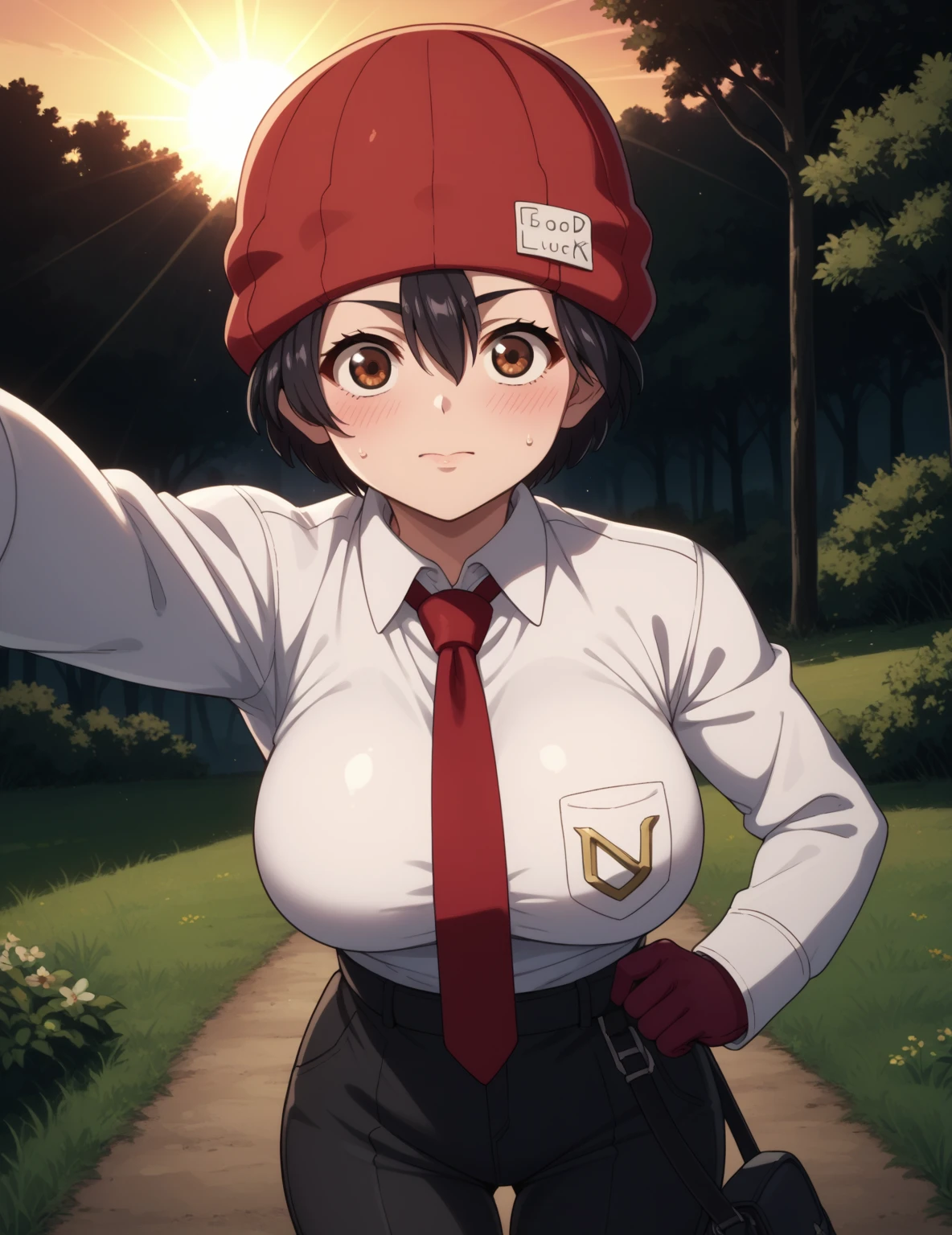 score_9, score_8_up, score_7_up, score_6_up, source_anime, anime,  fuukoxl, black hair,short hair, brown eyes,large breasts, red gloves, red necktie, red headwear, red beanie, collared shirt, long sleeves, black pants, white shirt, clothes around waist, standing, pov, selfie, nature, grass, sunset, light rays, blush, 