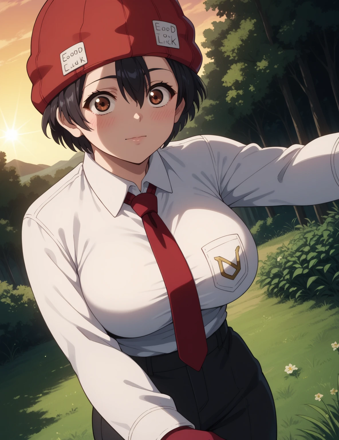 score_9, score_8_up, score_7_up, score_6_up, source_anime, anime,  fuukoxl, black hair,short hair, brown eyes,large breasts, red gloves, red necktie, red headwear, red beanie, collared shirt, long sleeves, black pants, white shirt, clothes around waist, standing, pov, selfie, nature, grass, sunset, light rays, blush, 