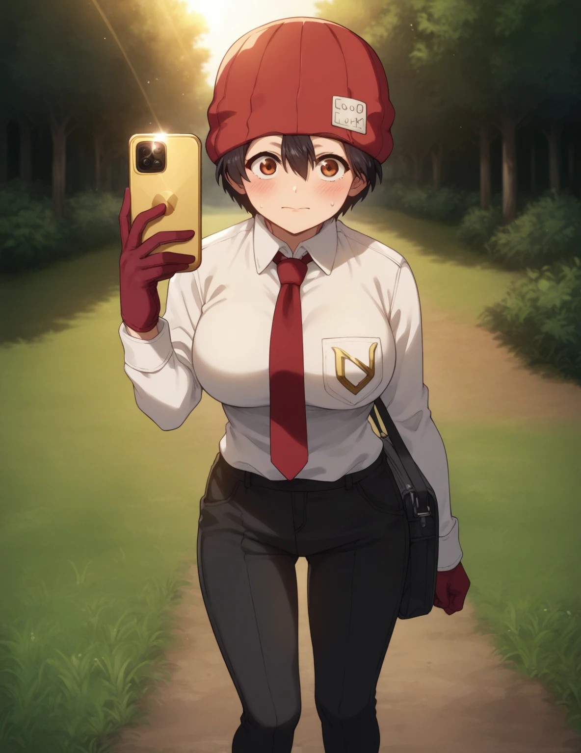 score_9, score_8_up, score_7_up, score_6_up, source_anime, anime,  fuukoxl, black hair,short hair, brown eyes,large breasts, red gloves, red necktie, red headwear, red beanie, collared shirt, long sleeves, black pants, white shirt, clothes around waist, standing, pov, selfie, nature, grass, sunset, light rays, blush, 