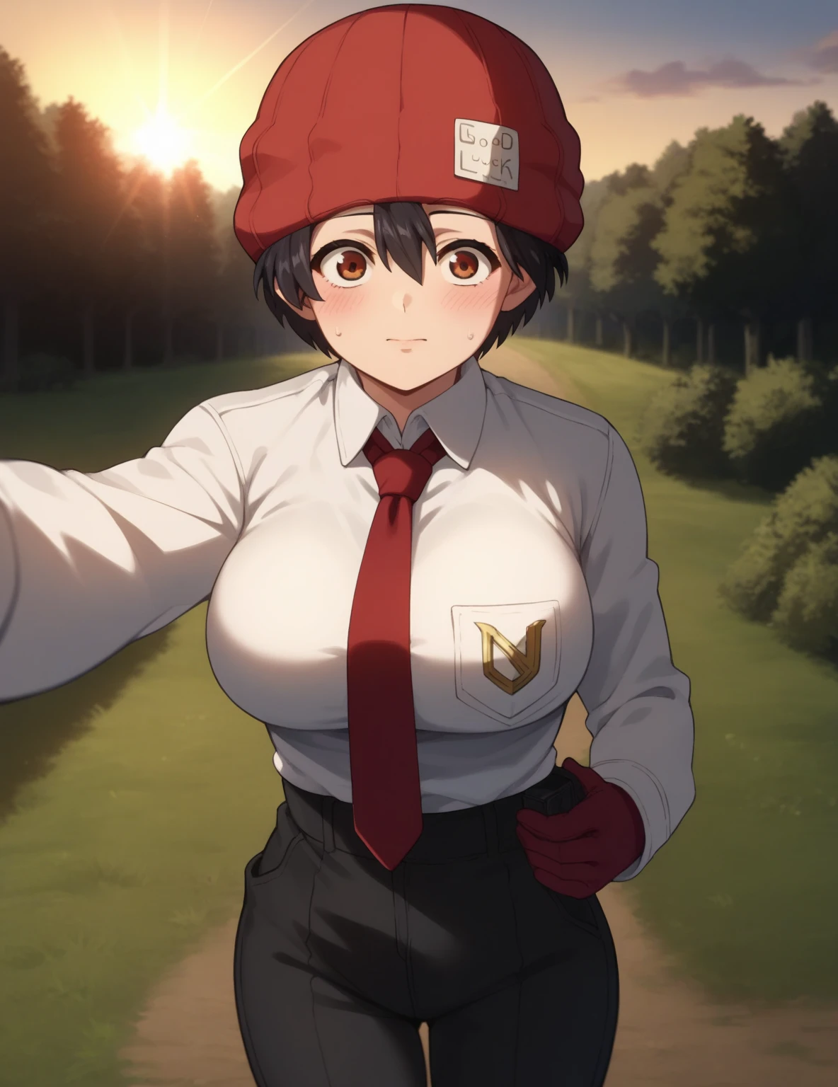 score_9, score_8_up, score_7_up, score_6_up, source_anime, anime,  fuukoxl, black hair,short hair, brown eyes,large breasts, red gloves, red necktie, red headwear, red beanie, collared shirt, long sleeves, black pants, white shirt, clothes around waist, standing, pov, selfie, nature, grass, sunset, light rays, blush, 