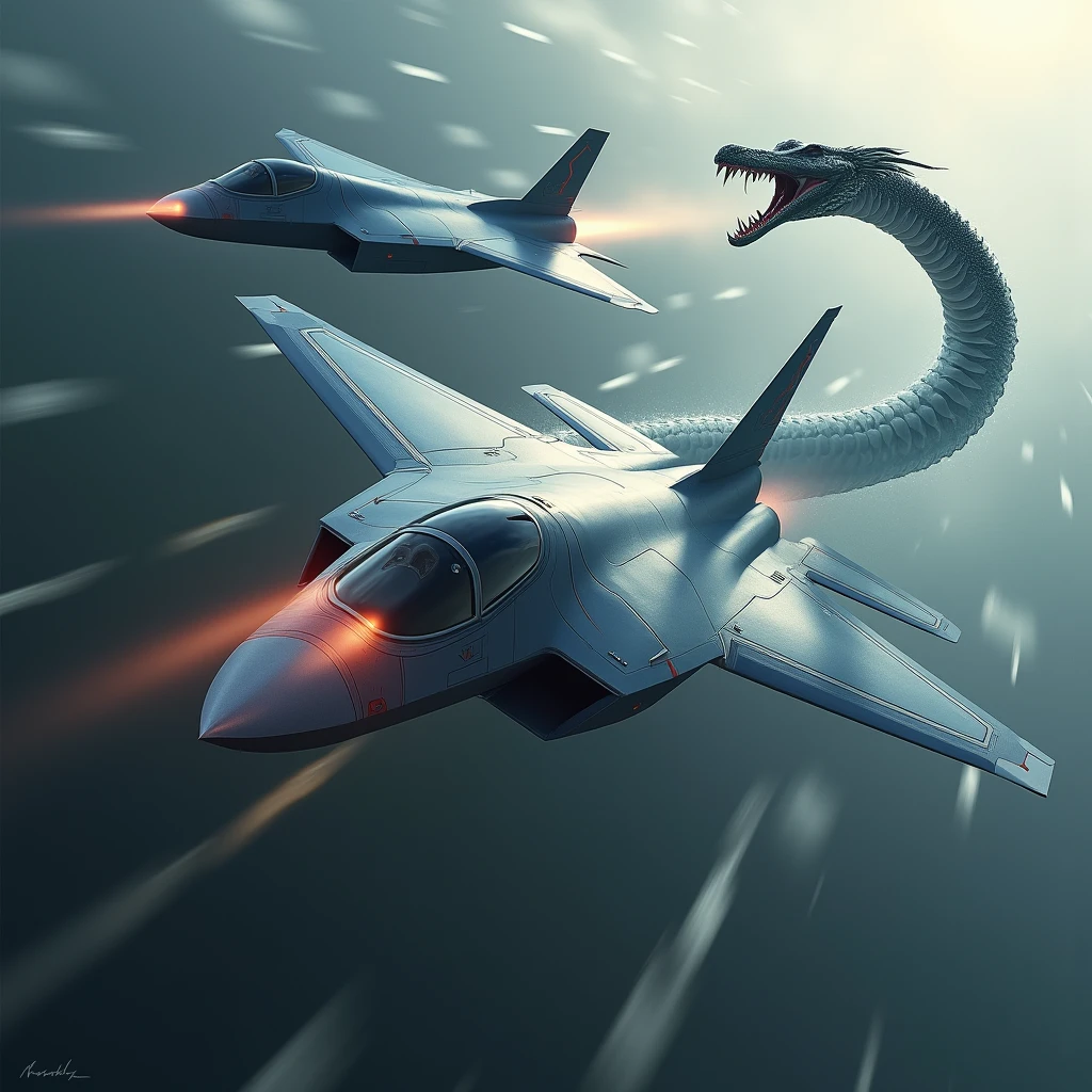 Realistic, theme is "rapid descent", latest stealth jet fighter dogfight, rapid descent into attack position, beautiful aircraft painted in grey stealth paint, fighter's machine guns spewing red fire, powerful scene, aircraft moving diagonally downwards, emphasising the sense of speed, a large transparent snake with its mouth wide open wraps around the fighter, the fighter flies as if it is passing through the tunnel made by the snake, the snake is the guardian deity of the fighter, emphasising the expression of the large snake, sophisticated design, advanced lighting technology, live-action photo 8K quality