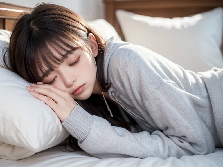 Beautiful woman falling asleep in bed、Knitted hoodie、２０age、 long lashes、 closed eyes,  frowns,  with bangs、 bob hair、 high definition ,  Anatomically Correct ,  High Definition Model ,   inviting , Delicate atmosphere、Sleeping Position、 1 girl , 夜