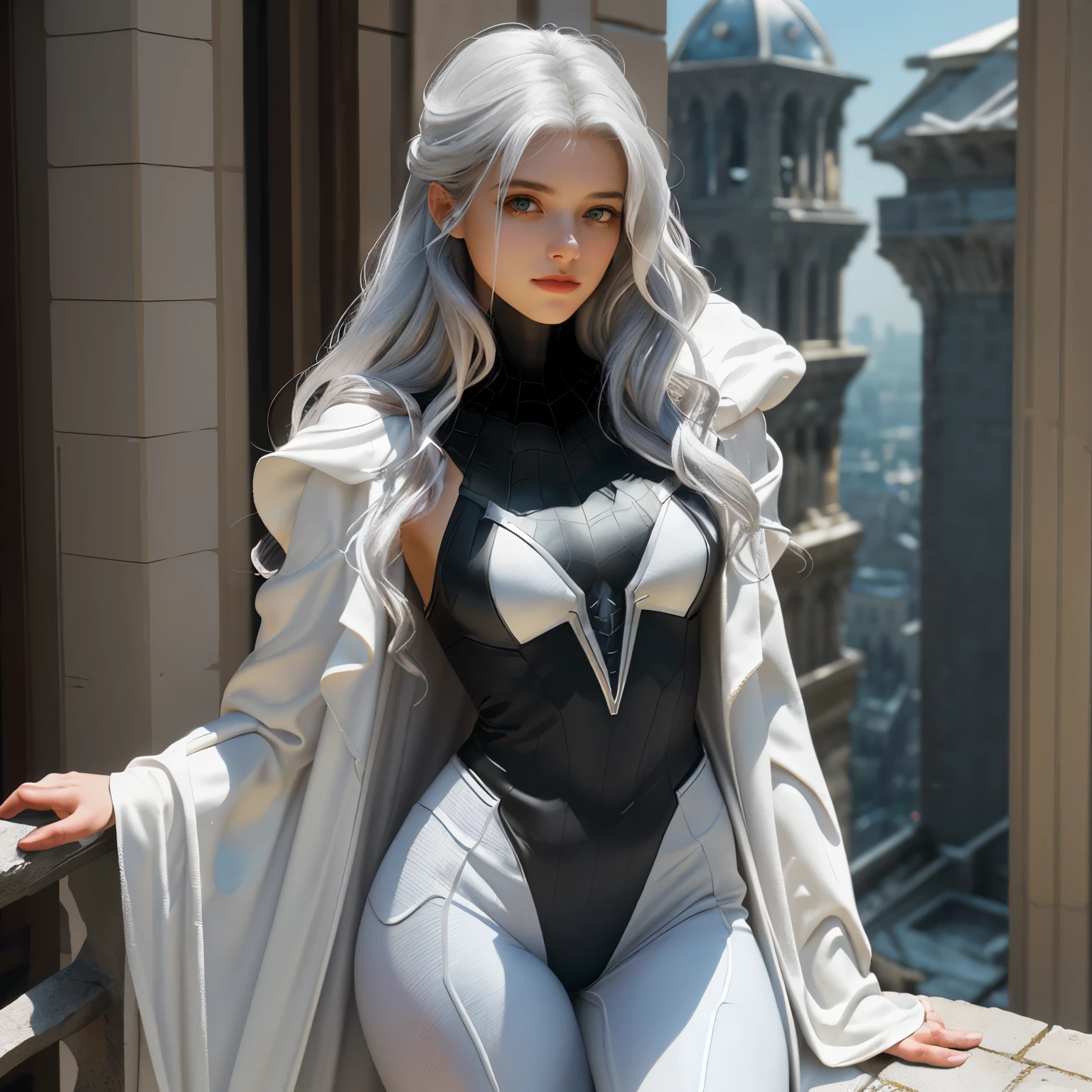 A 25-year-old girl with white hair in an elaborate Superman costume with long sleeves in white, covering the whole body, Matte pastel colours, (dramatic:1.3), white capelet, big breastes, generous cleavage, White Superman Costume, Suit with white carbon fiber details, flying in the sky, (intricate details:0.9), (HDR, hyper-detailing:1.2), (natural skin textures, hyper realisitc, soft light, Sharp, Photos in RAW and 35mm format.