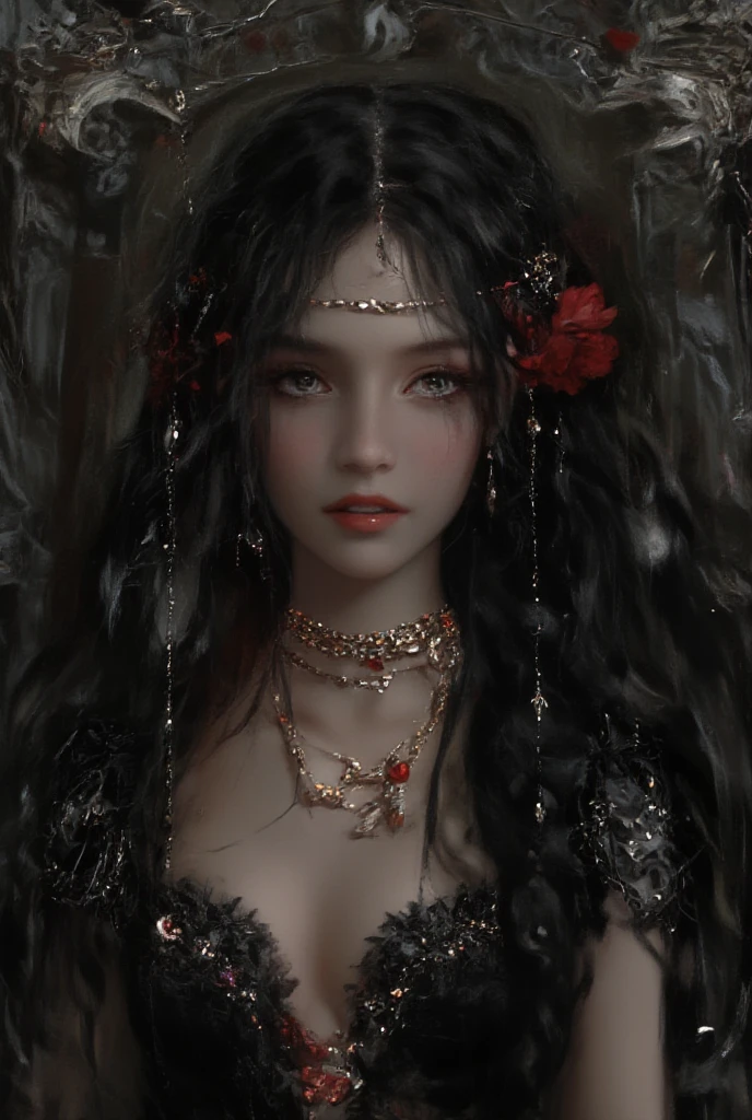 ((best quality, masterpiece, absurbres, super-resolution)), horror, Arachne , spider webs in the background, (black ornate frame). 1girl, skinny,flower,light skin,solo female,jewelry,corset,long sleeves,long bangs,looking at viewer,gothic choker,black hair,upper body,red flower,rose flower,hair ornament,earrings,white eyes,off-shoulders, victorian dress, long hair,hair flower,lace trim,
